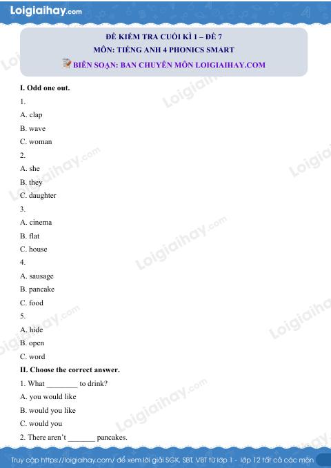 Đề thi học kì 1 Tiếng Anh 4 Phonics Smart - Đề số 7